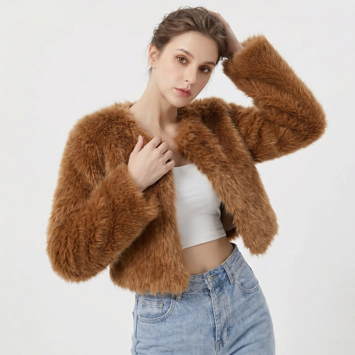 Louise | Gilet Court pour Femme Imitation Fourrure Douce Coupe Ample - Curry Foncé