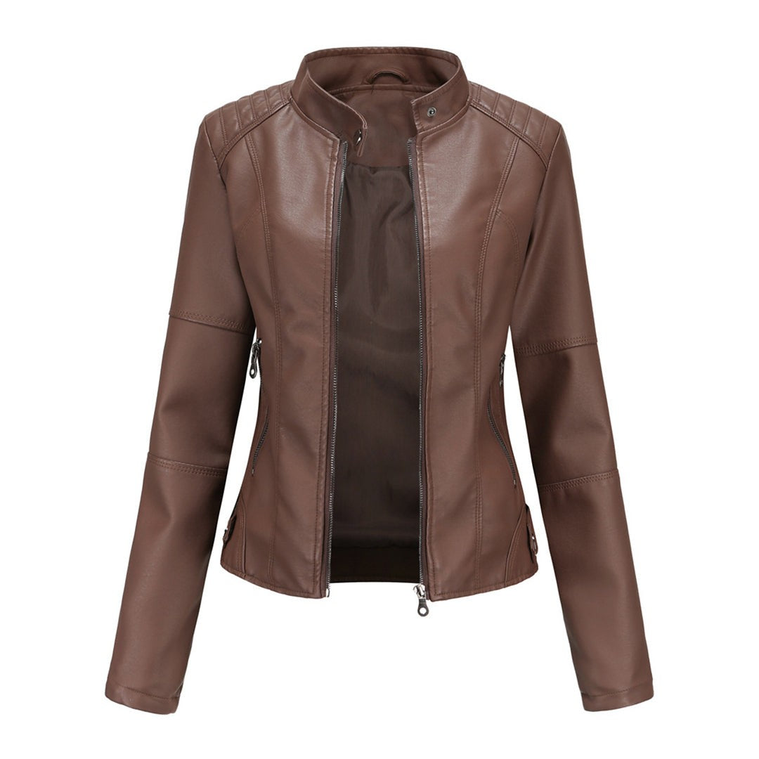 Louise | Veste Motard pour Femme Coupe Cintrée simili-cuir Fermeture Éclair - Café