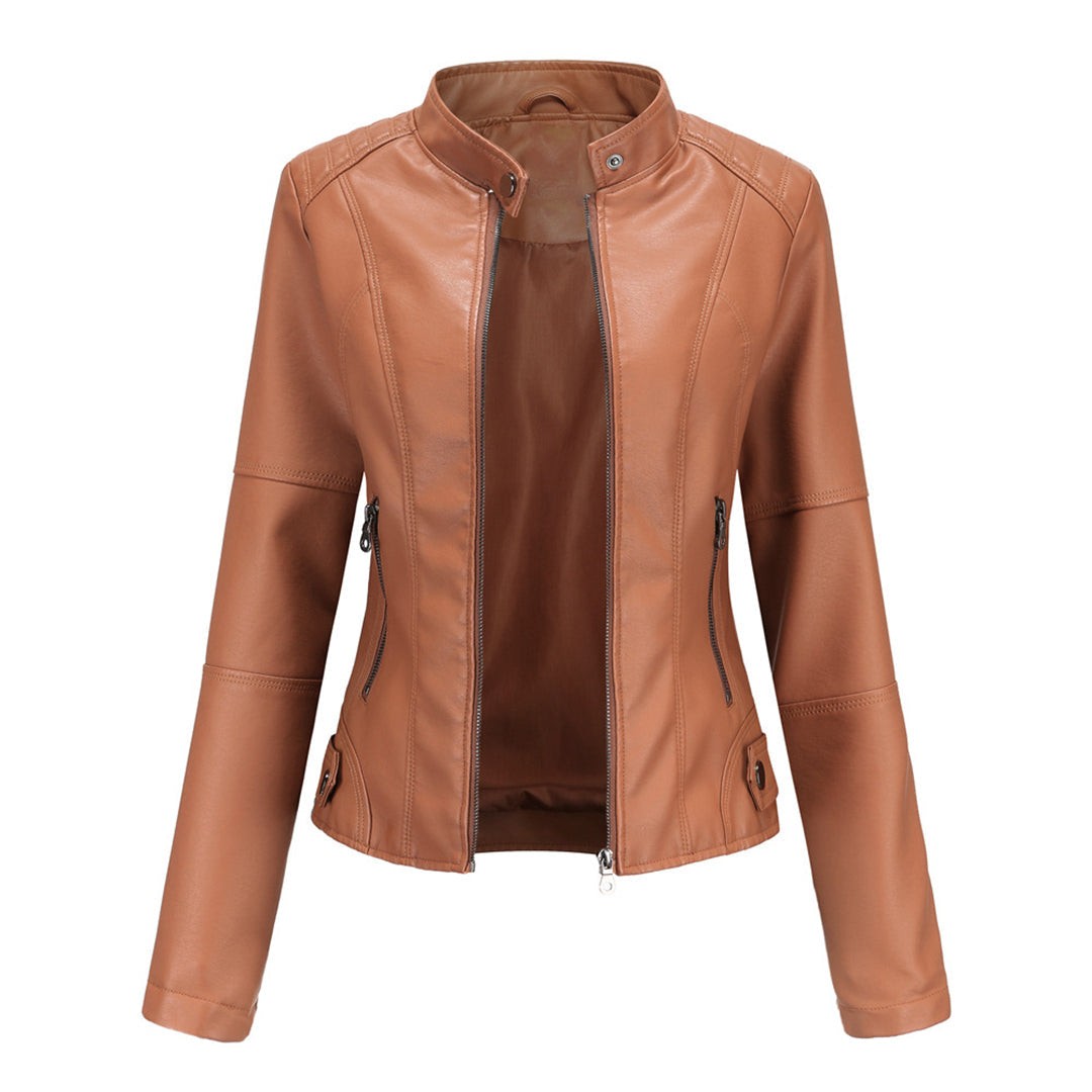 Louise | Veste Motard pour Femme Coupe Cintrée simili-cuir Fermeture Éclair - Chameau