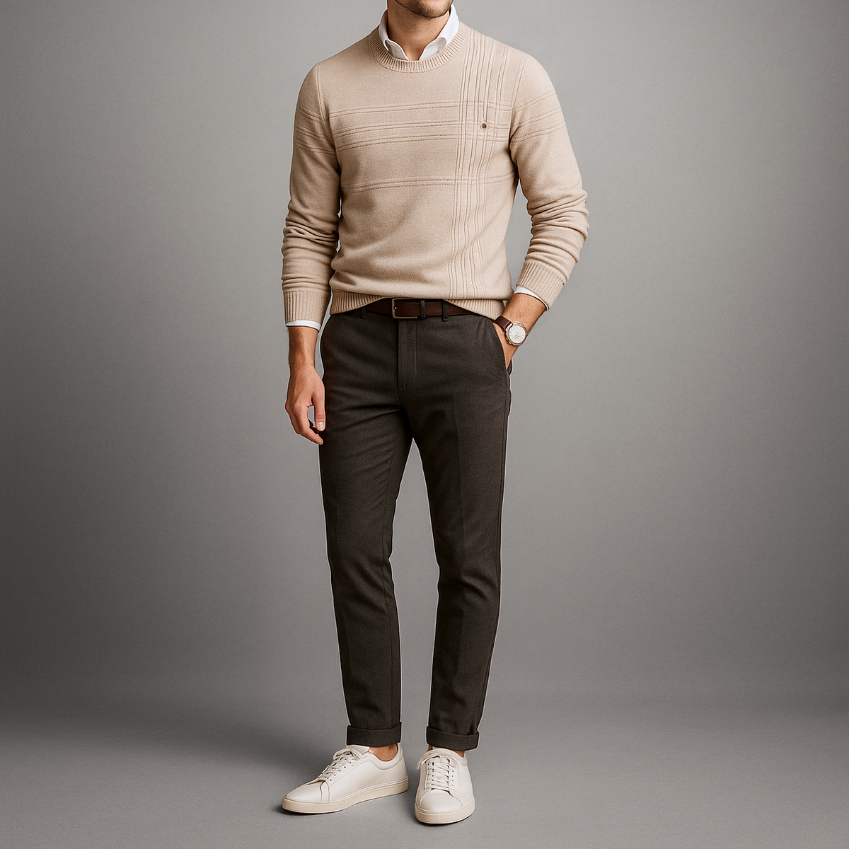 Lucas | Pull Homme Coupe Slim Tricot Motif Ton sur Ton Côtelé - Beige