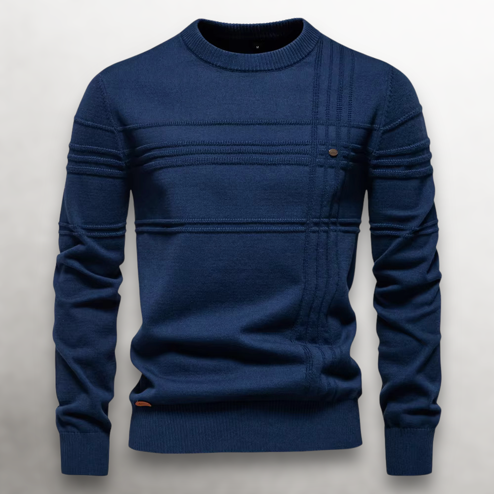 Lucas | Pull Homme Coupe Slim Tricot Motif Ton sur Ton Côtelé - Bleu Marine