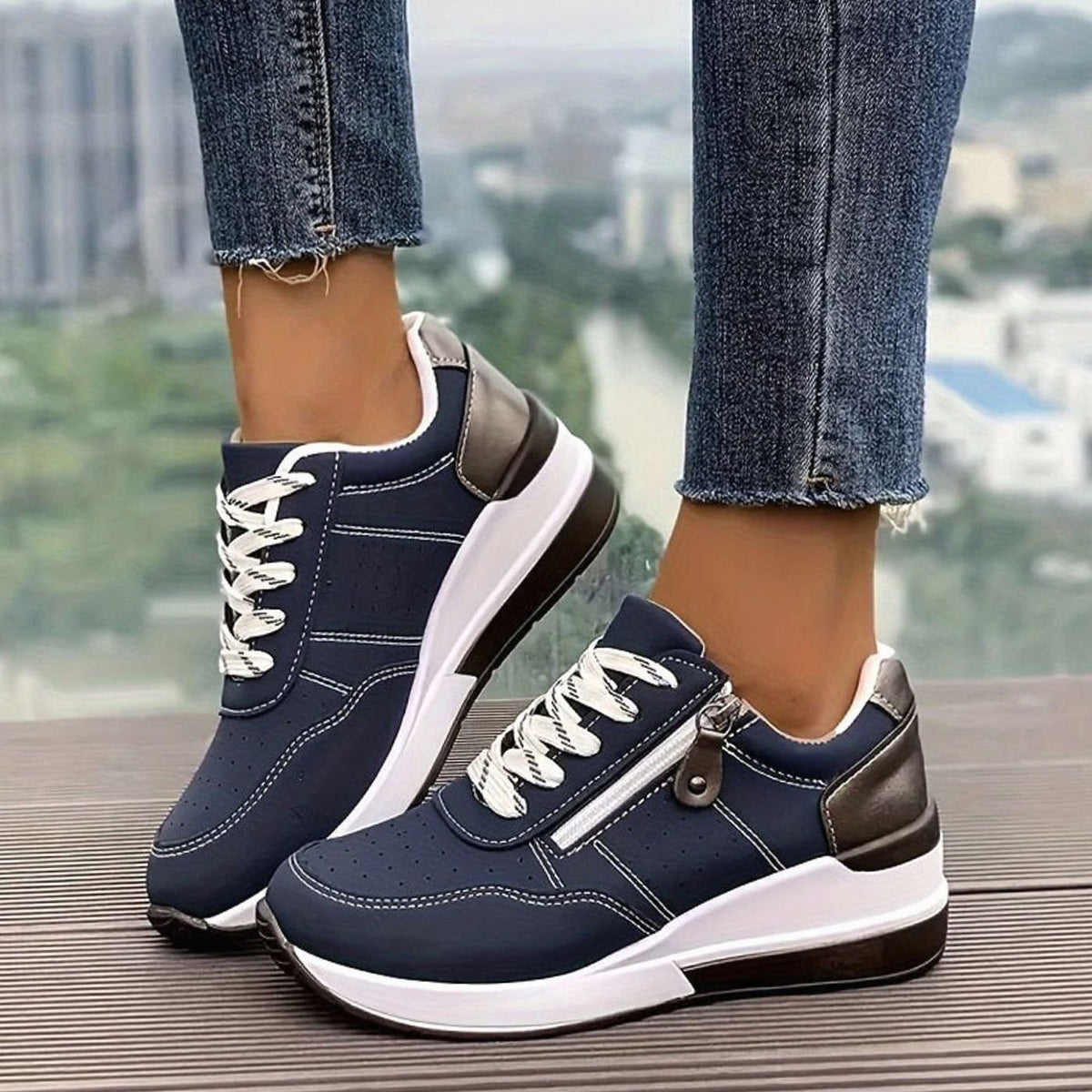 Manon | Baskets Femme à Lacets Orthopédiques Semelle Plateforme Surélevée - Bleu