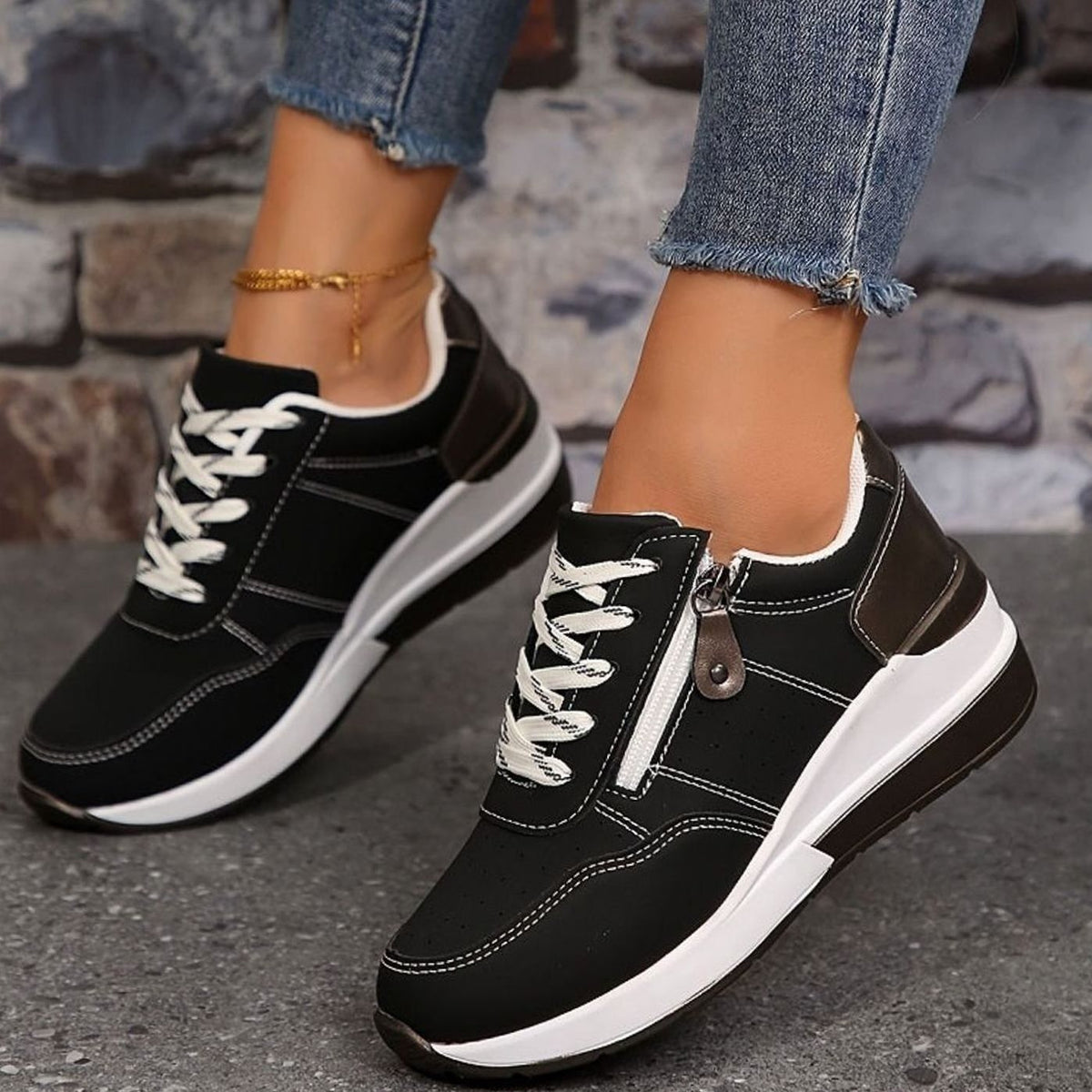 Manon | Baskets Femme à Lacets Orthopédiques Semelle Plateforme Surélevée - Noir