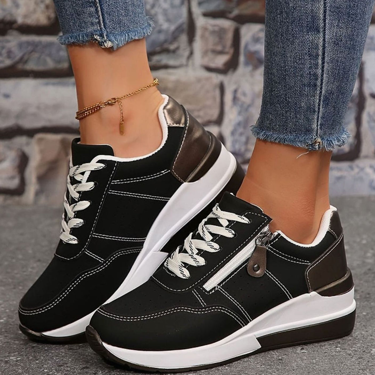 Manon | Baskets Femme à Lacets Orthopédiques Semelle Plateforme Surélevée - Noir