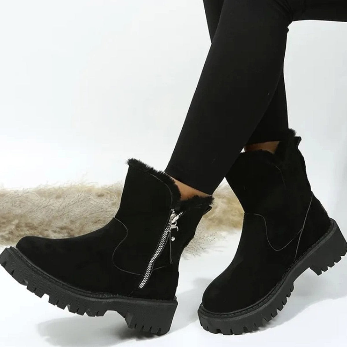 Manon | Bottes d'Hiver pour Femme Col Fourrure Semelle Crantée Fermeture Éclair - Kaki