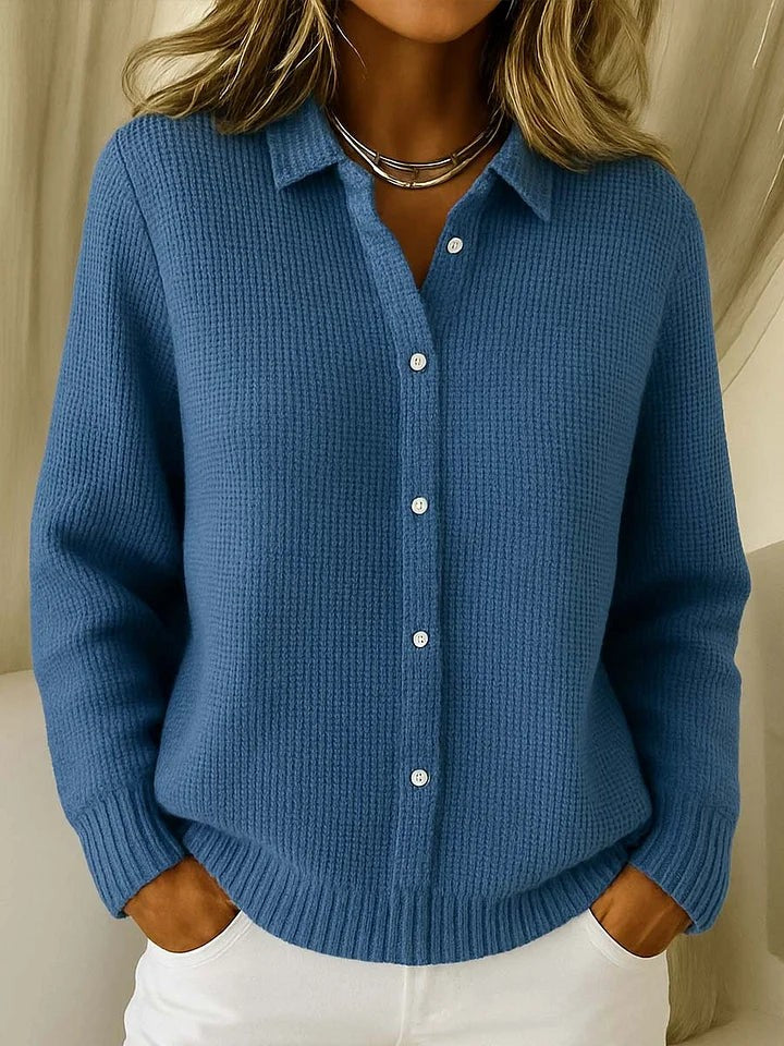 Manon | Cardigan pour Femme Coupe Ample Col Chemise Boutonné Maille Texturée - Bleu Foncé