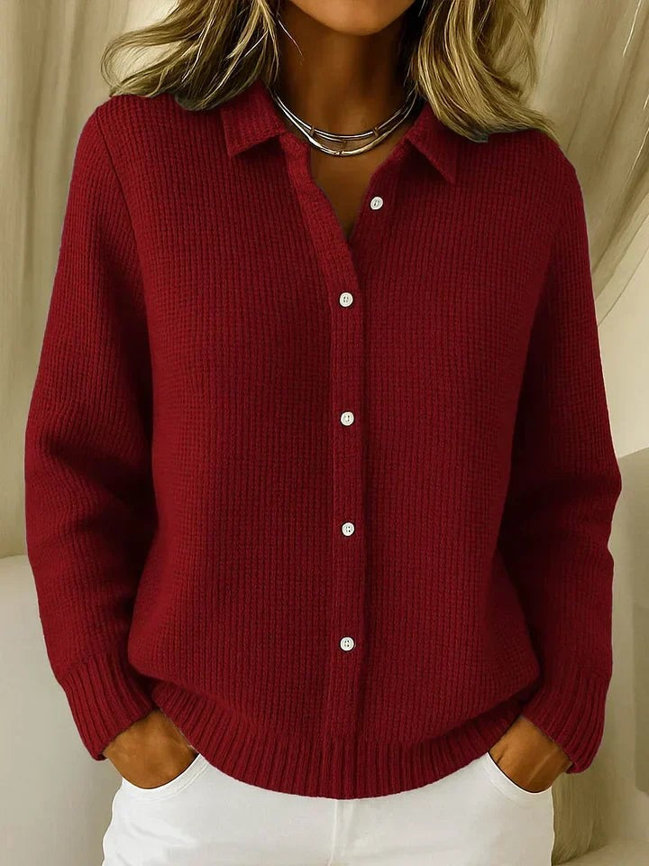 Manon | Cardigan pour Femme Coupe Ample Col Chemise Boutonné Maille Texturée - Rouge Foncé