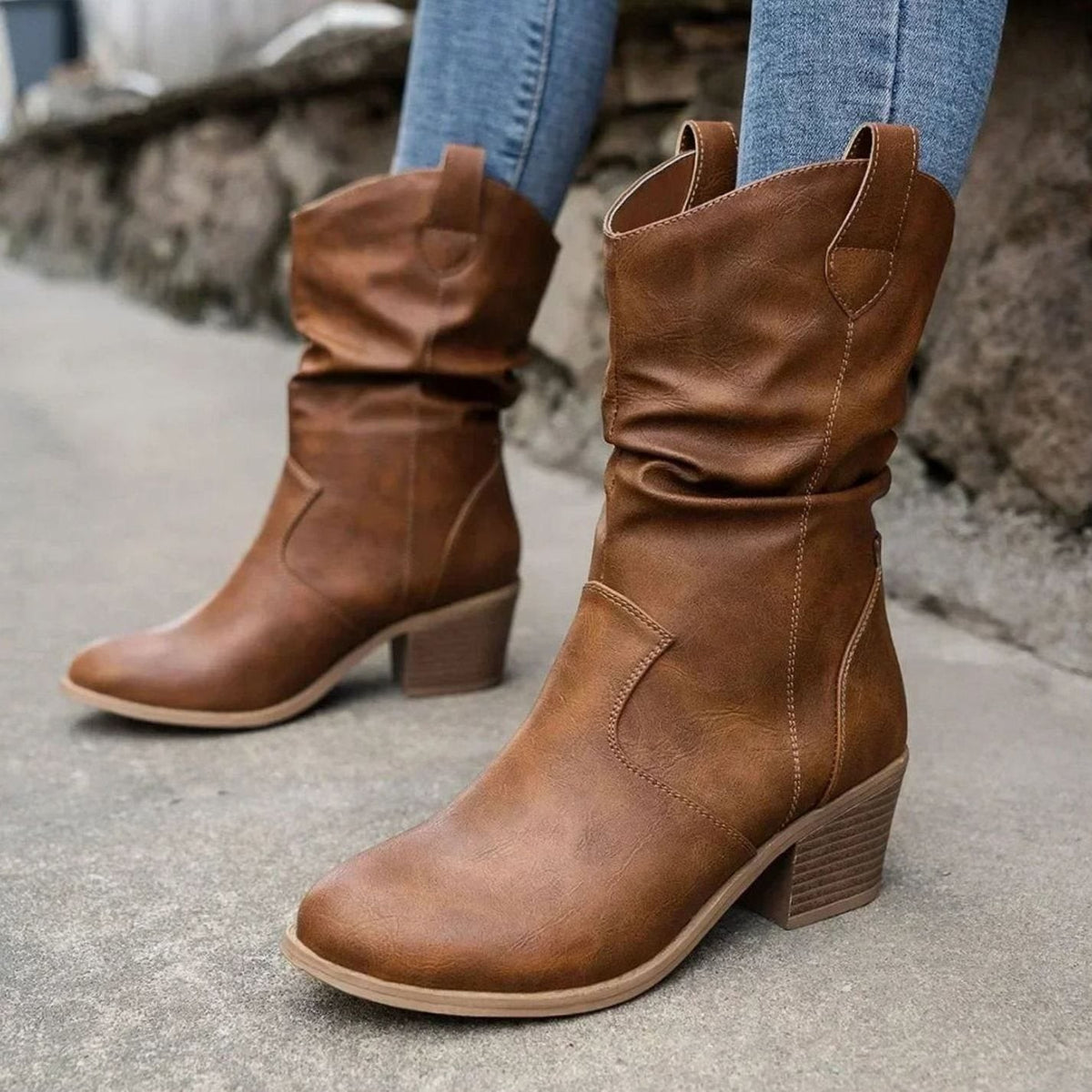 Manon | Dames Bottes Slouch Talon Bloc Style Western - Marron