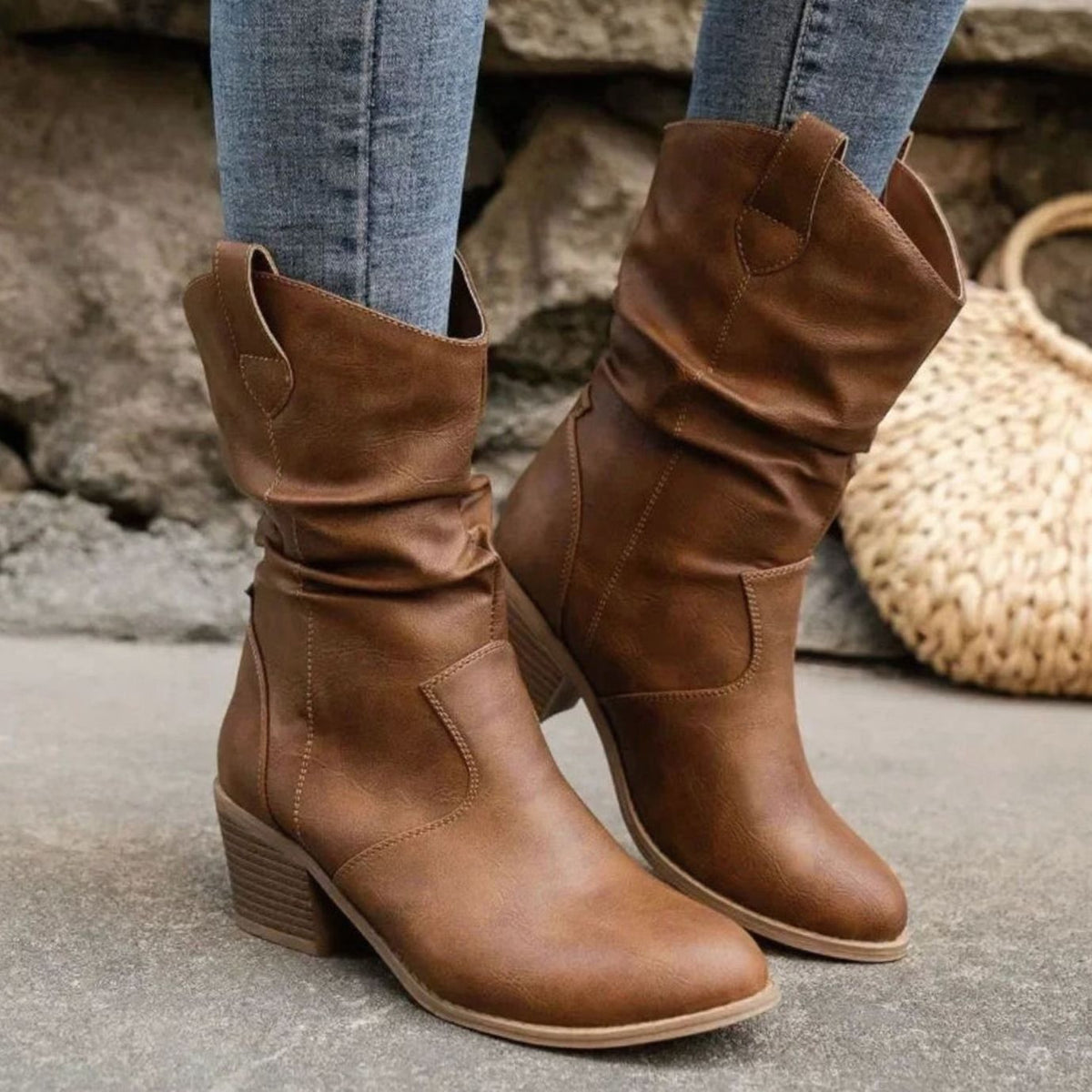 Manon | Dames Bottes Slouch Talon Bloc Style Western - Noir