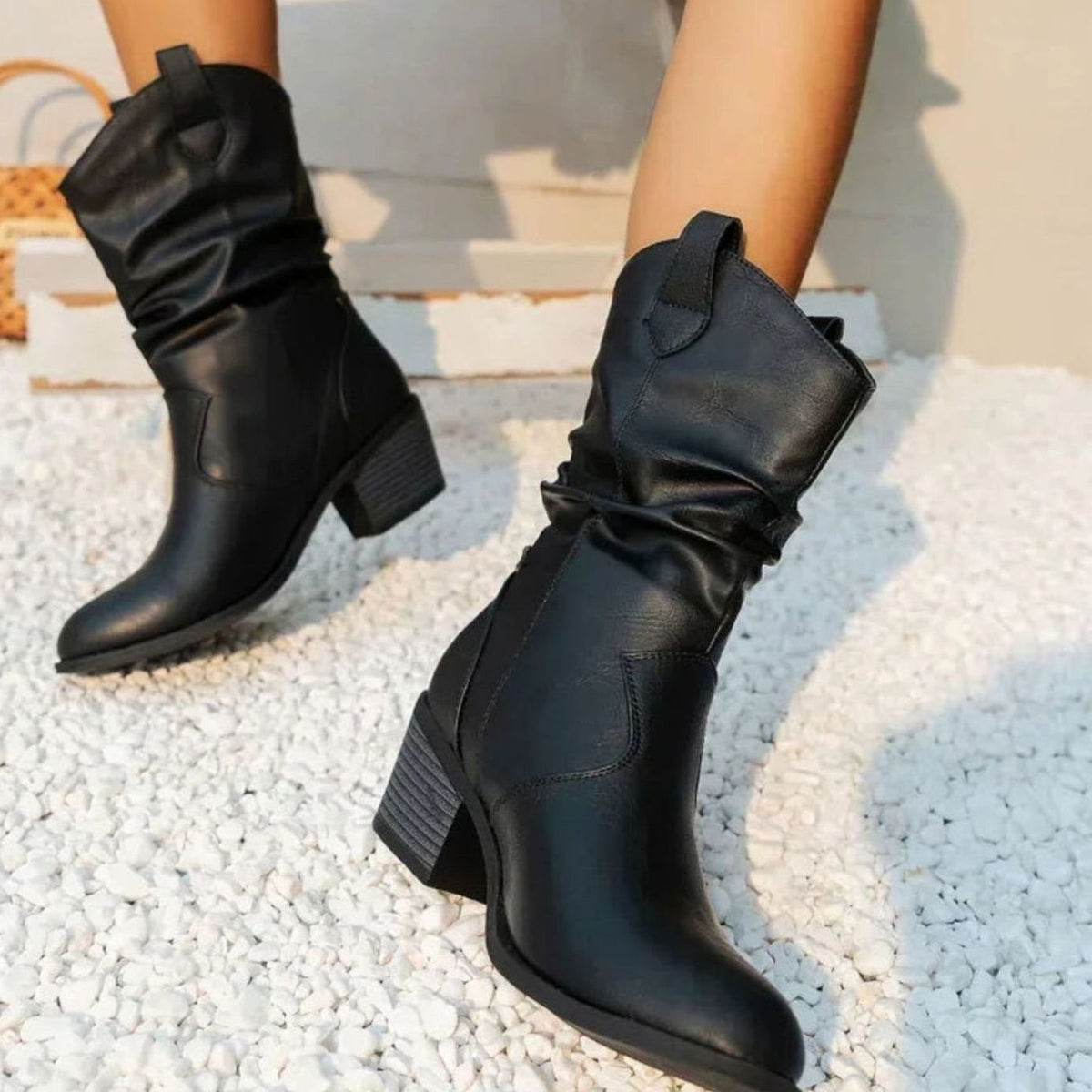 Manon | Dames Bottes Slouch Talon Bloc Style Western - Noir