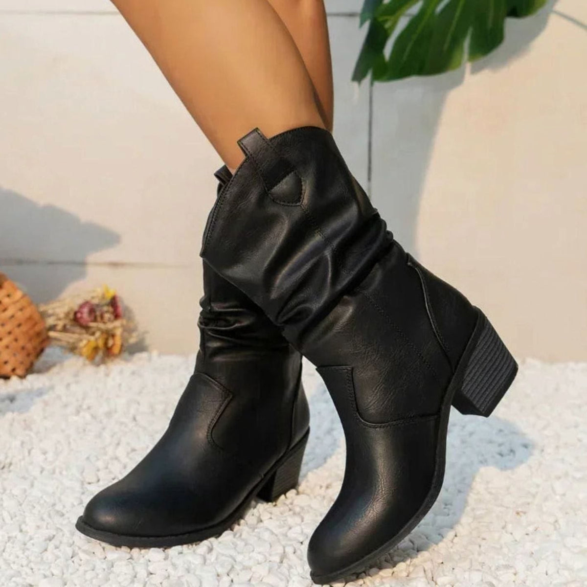 Manon | Dames Bottes Slouch Talon Bloc Style Western - Noir