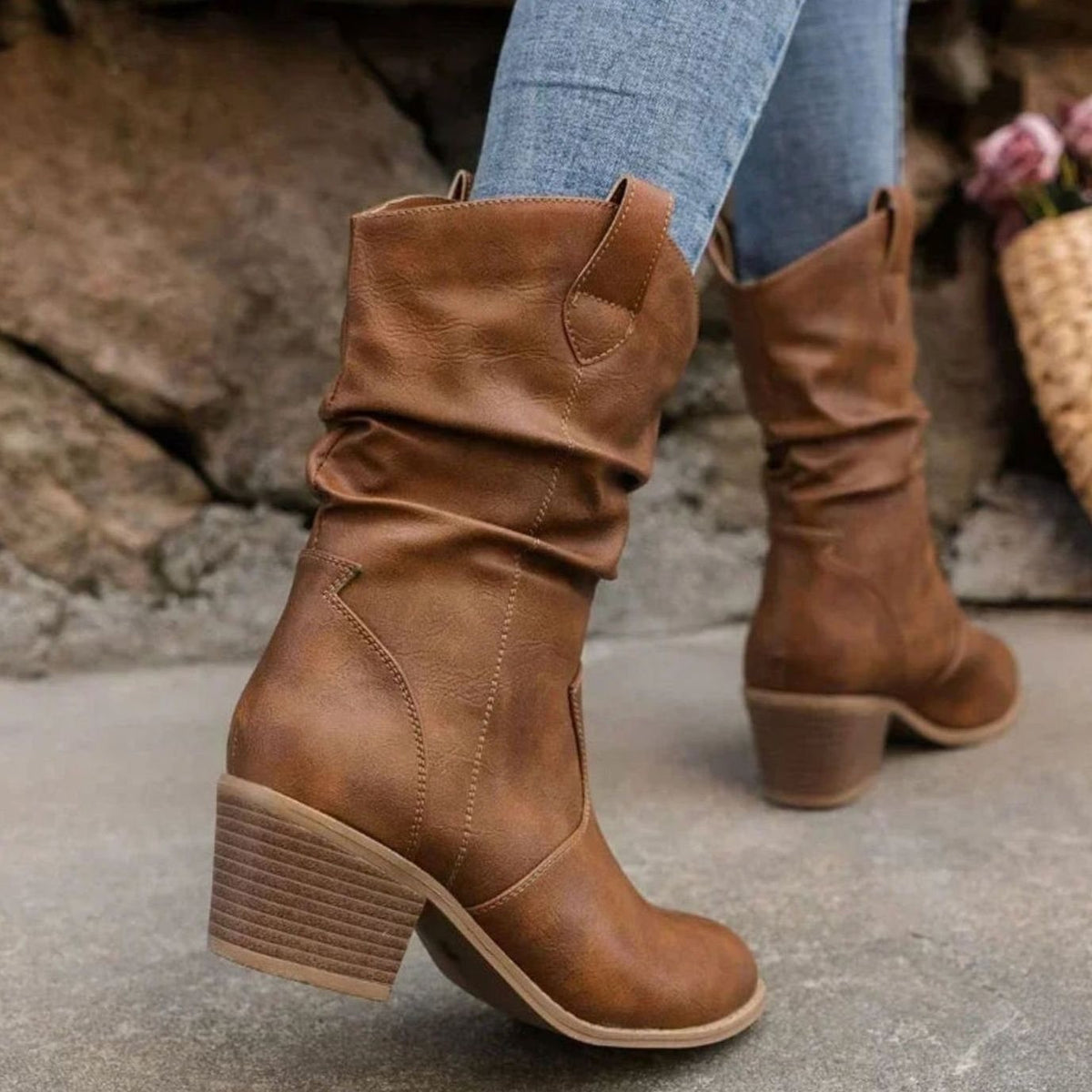 Manon | Dames Bottes Slouch Talon Bloc Style Western - Noir