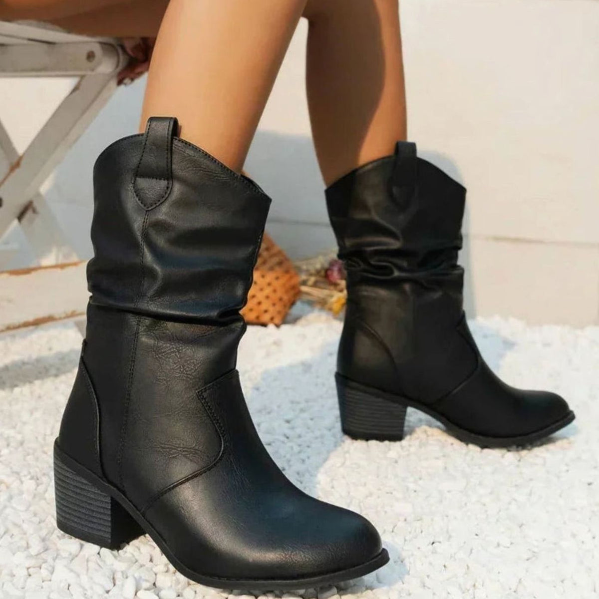 Manon | Dames Bottes Slouch Talon Bloc Style Western - Noir
