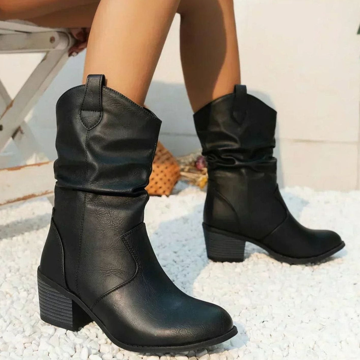 Manon | Dames Bottes Slouch Talon Bloc Style Western - Noir