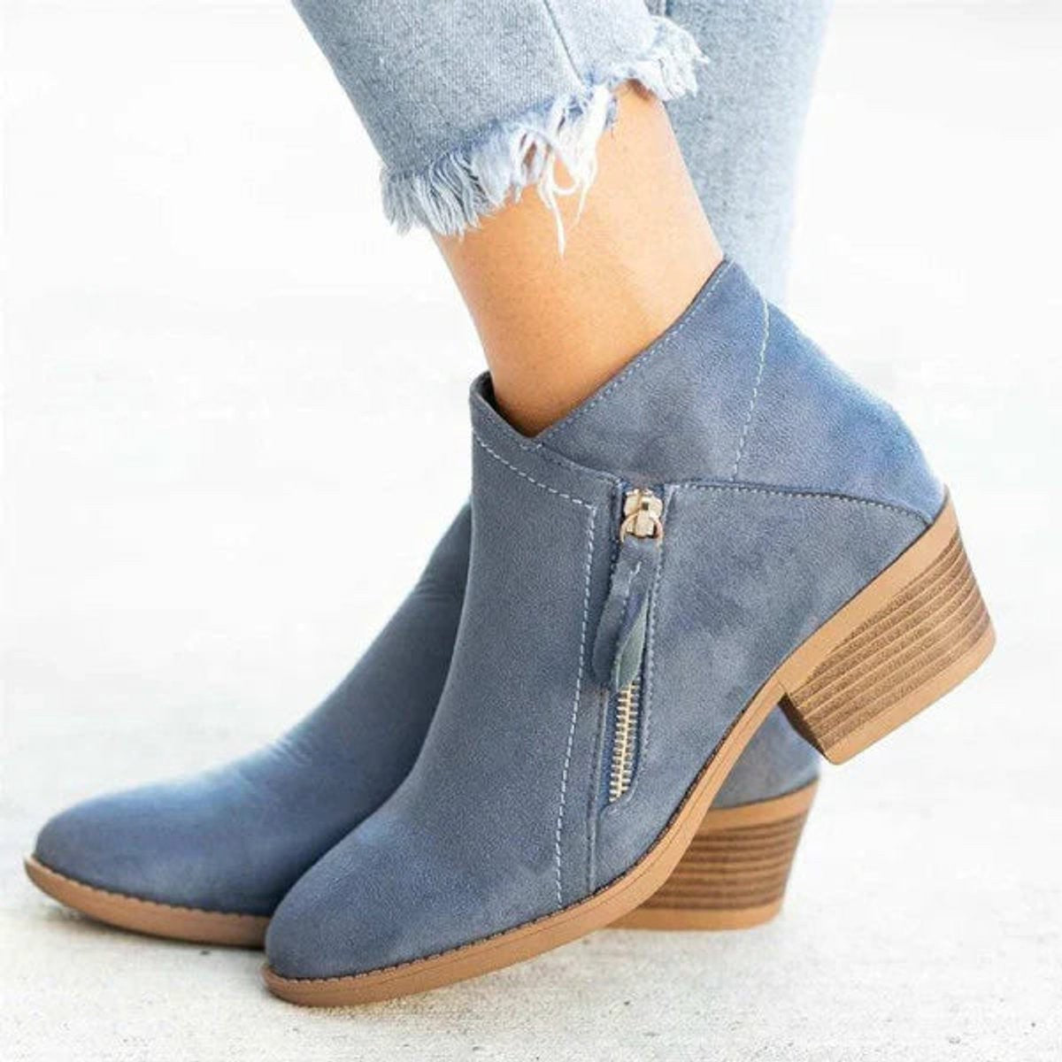Manon | Dames Bottines Talon Bas Fermeture Éclair Suédine - Bleu