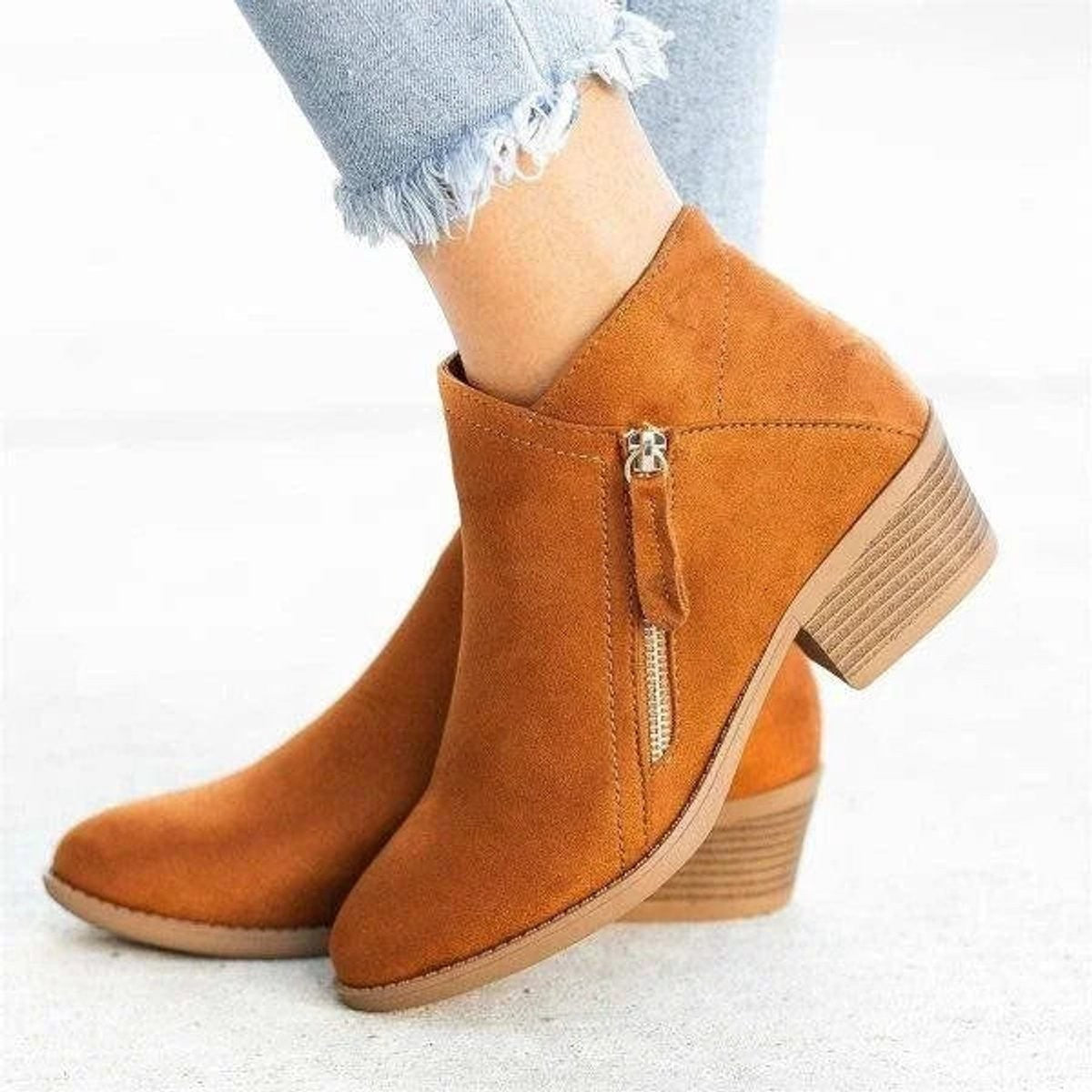 Manon | Dames Bottines Talon Bas Fermeture Éclair Suédine - Orange