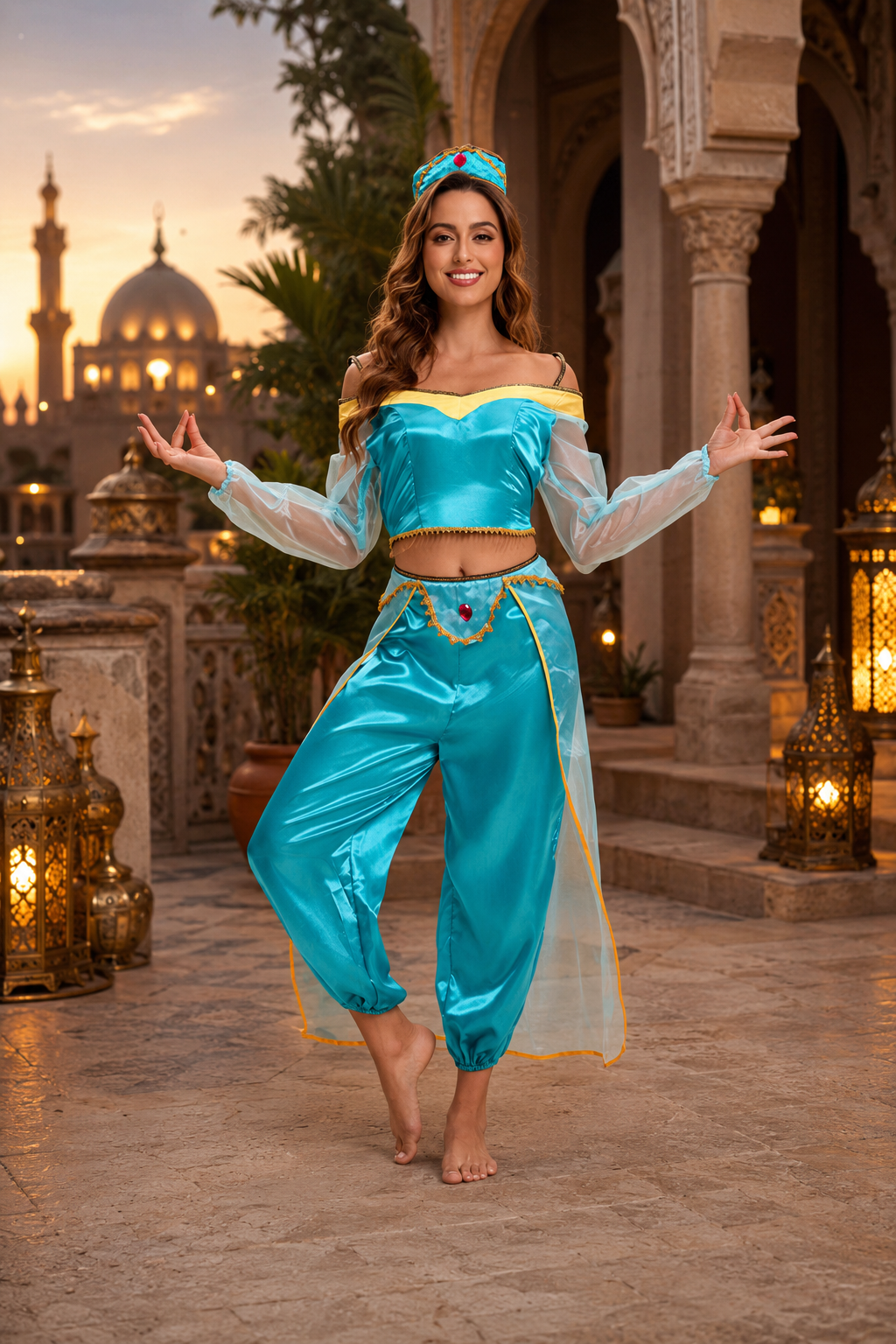 Manon | Dames Déguisement Halloween Femme Épaules Dénudées Manches Balloon Pantalon Bouffant - Bleu