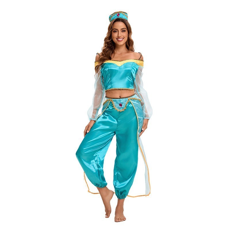Manon | Dames Déguisement Halloween Femme Épaules Dénudées Manches Balloon Pantalon Bouffant - Bleu