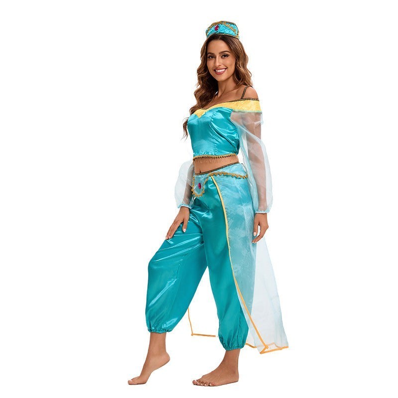 Manon | Dames Déguisement Halloween Femme Épaules Dénudées Manches Balloon Pantalon Bouffant - Bleu