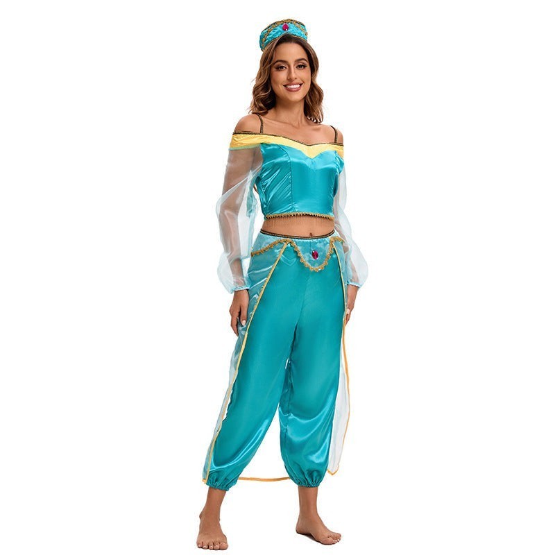 Manon | Dames Déguisement Halloween Femme Épaules Dénudées Manches Balloon Pantalon Bouffant - Bleu