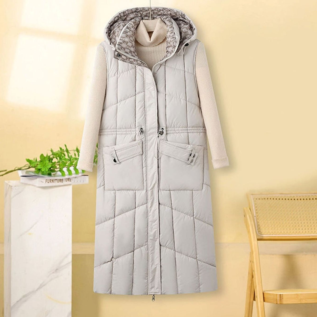 Manon | Gilet Long Matelassé à Capuche pour Femme Coupe Ample - Blanc