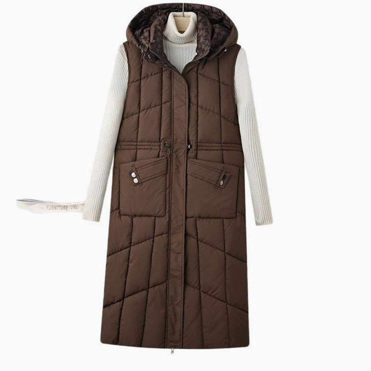 Manon | Gilet Long Matelassé à Capuche pour Femme Coupe Ample - Marron