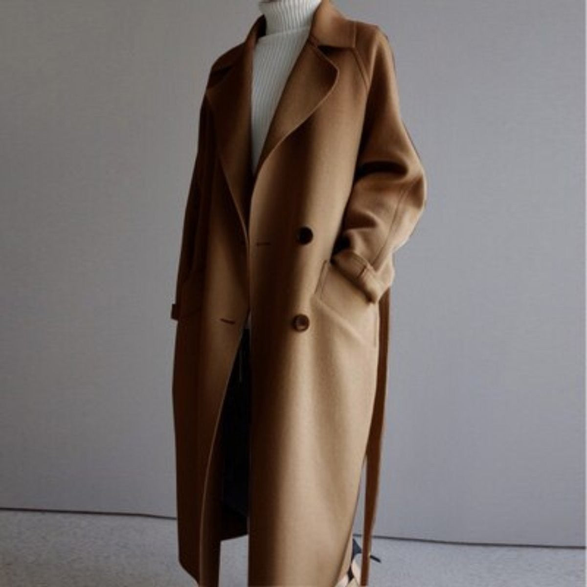 Manon | Manteau Femme Long Revers Double Boutonnage Ceinturé - Caramel