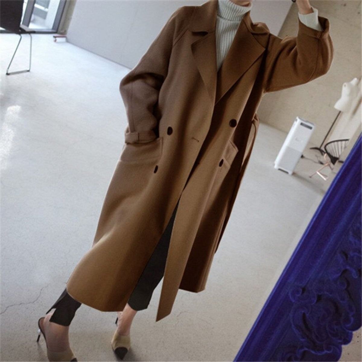 Manon | Manteau Femme Long Revers Double Boutonnage Ceinturé - Crème