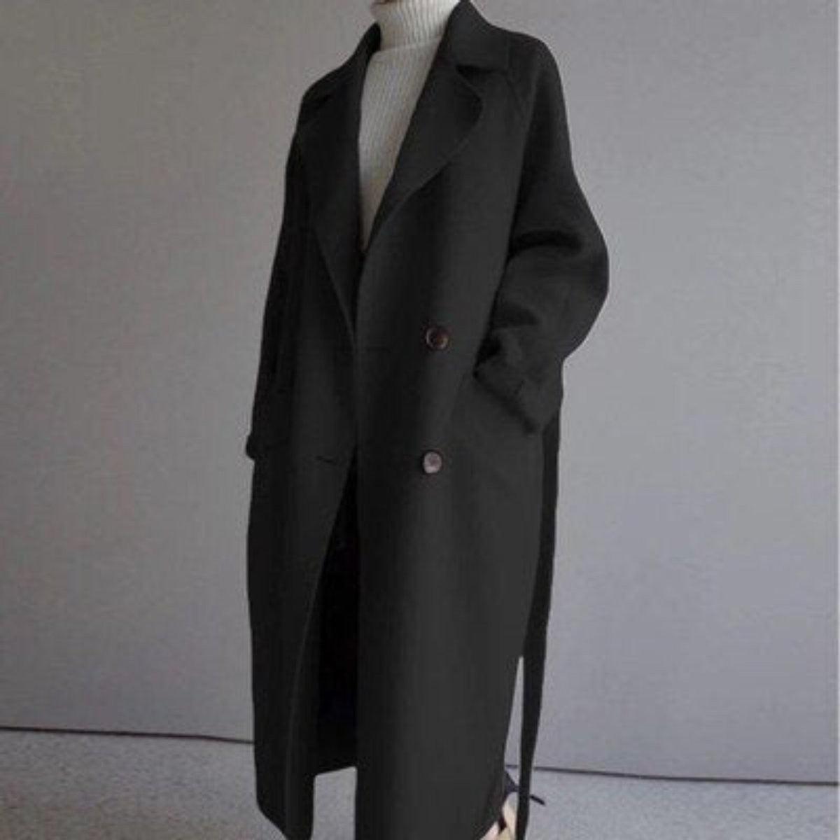 Manon | Manteau Femme Long Revers Double Boutonnage Ceinturé - Noir