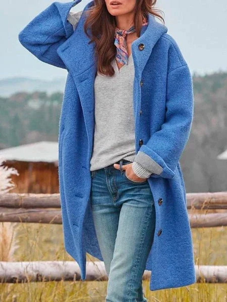 Manon | Manteau pour Femme Capuche Manches Longues Boutonnage Polaire - Bleu