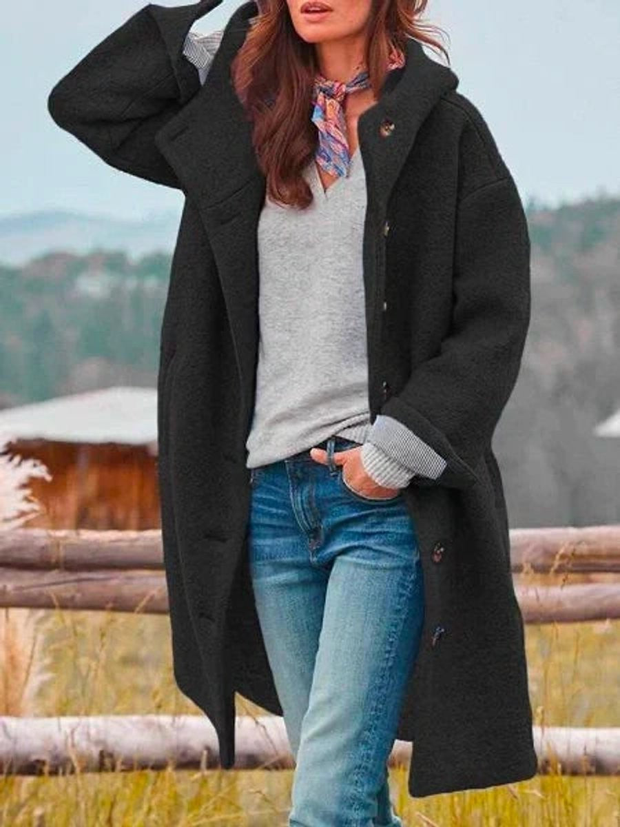Manon | Manteau pour Femme Capuche Manches Longues Boutonnage Polaire - Noir