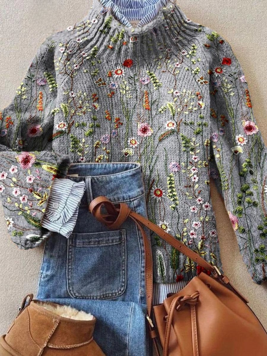 Manon | Pull pour Femme Col Roulé Broderie Florale Coupe Ample - Multicolore