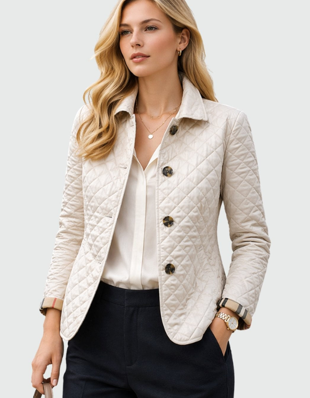 Manon | Veste pour Femme Matelassée Coupe Cintrée Col Chemise Rembourrage Losange - Blanc