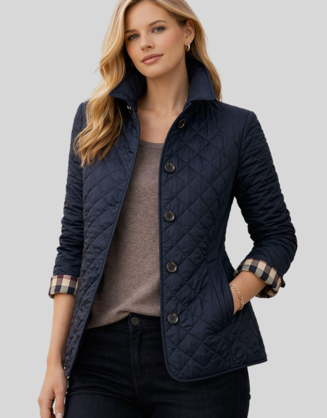 Manon | Veste pour Femme Matelassée Coupe Cintrée Col Chemise Rembourrage Losange - Bleu