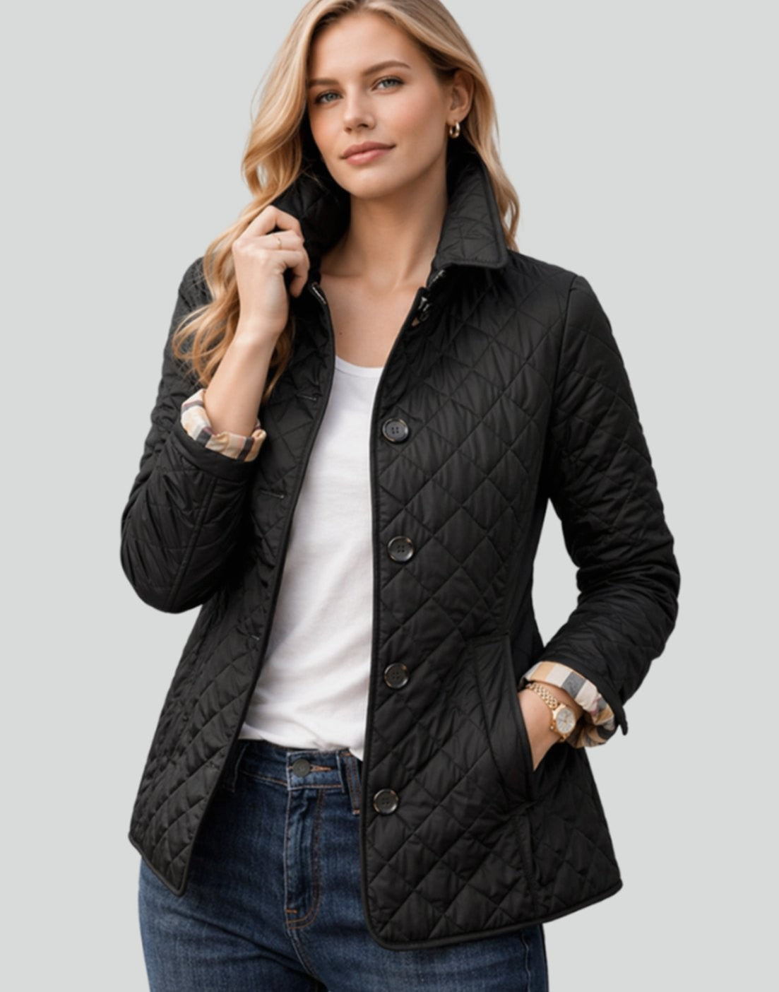 Manon | Veste pour Femme Matelassée Coupe Cintrée Col Chemise Rembourrage Losange - Noir