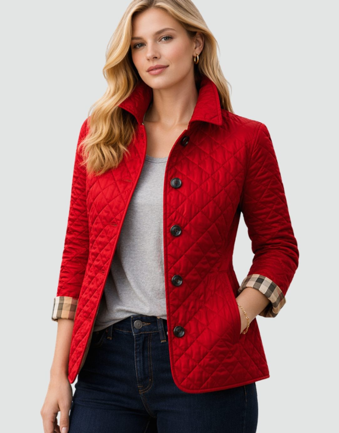 Manon | Veste pour Femme Matelassée Coupe Cintrée Col Chemise Rembourrage Losange - Rouge