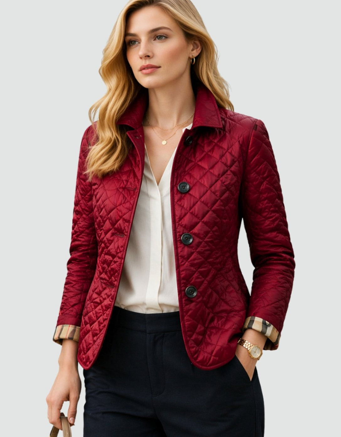 Manon | Veste pour Femme Matelassée Coupe Cintrée Col Chemise Rembourrage Losange - Rouge Foncé