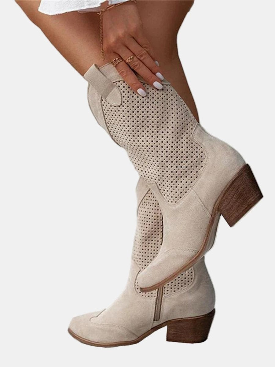 Margaux | Bottes Western pour Femme Ajourées Talon Bloc Pointe Mollet - Beige