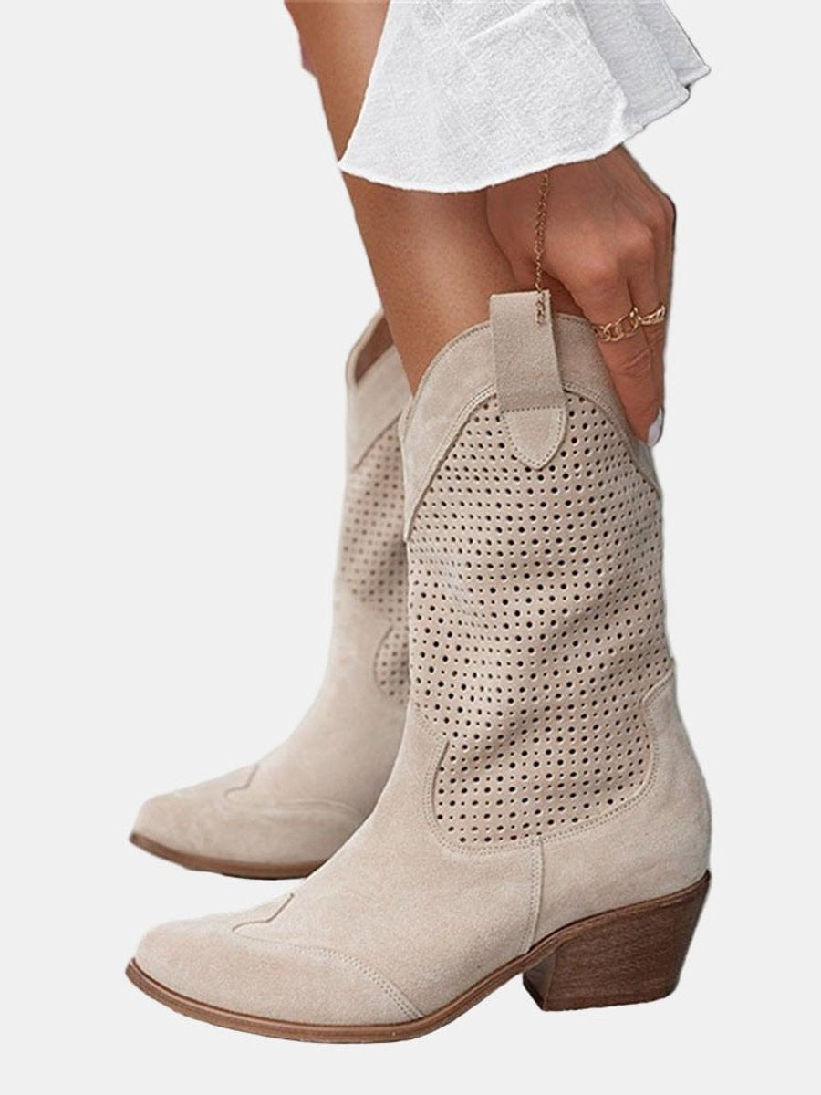 Margaux | Bottes Western pour Femme Ajourées Talon Bloc Pointe Mollet - Beige