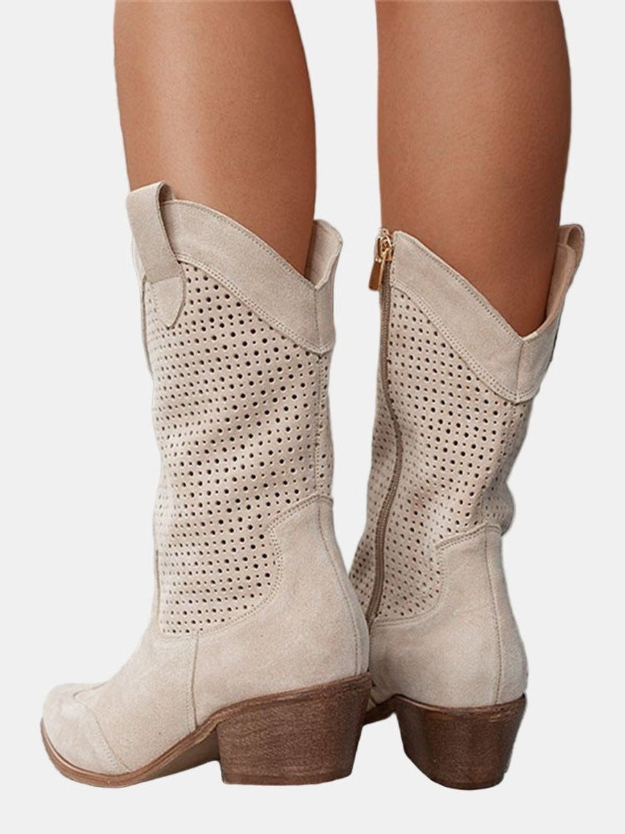 Margaux | Bottes Western pour Femme Ajourées Talon Bloc Pointe Mollet - Beige