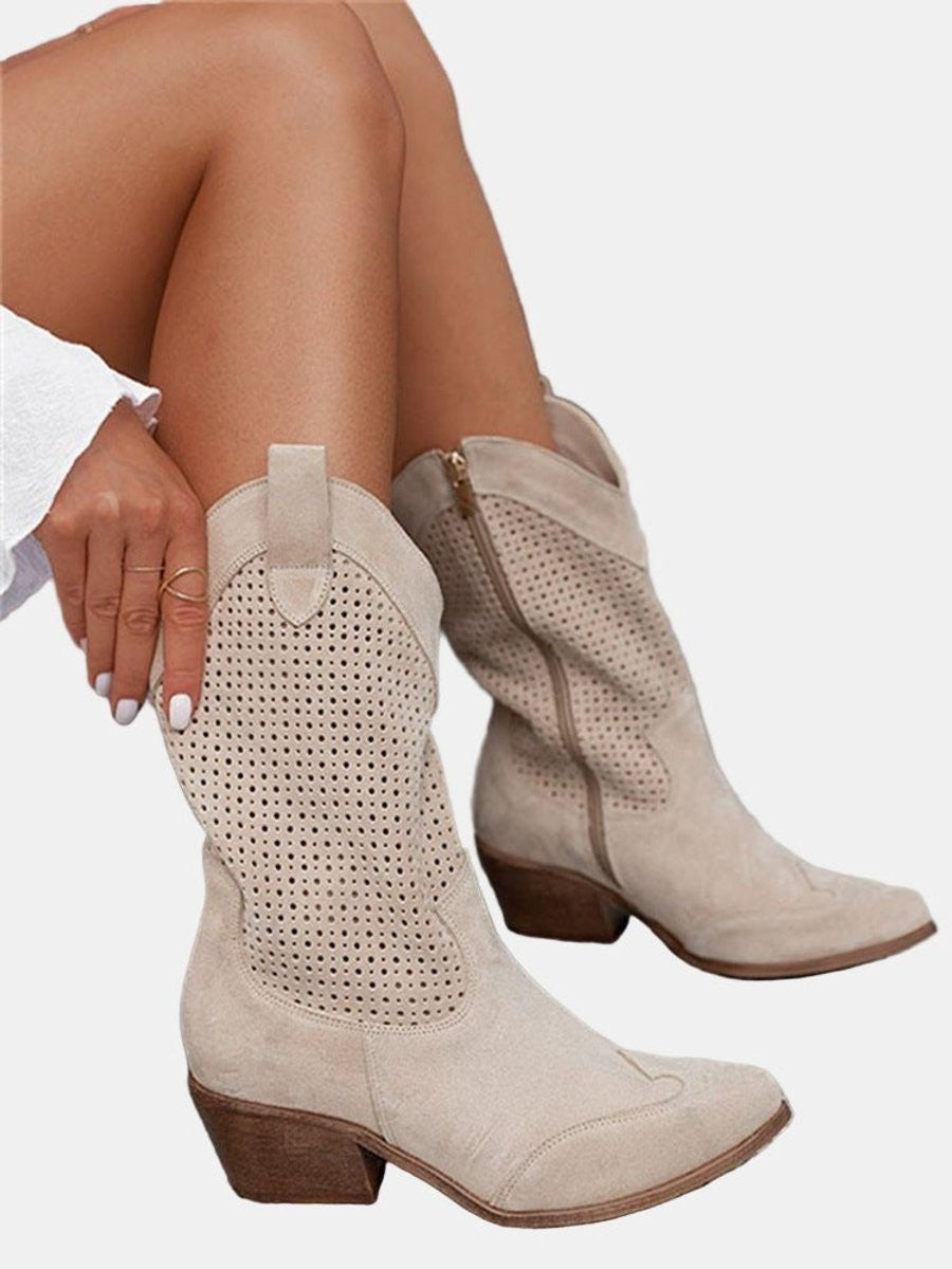 Margaux | Bottes Western pour Femme Ajourées Talon Bloc Pointe Mollet - Beige