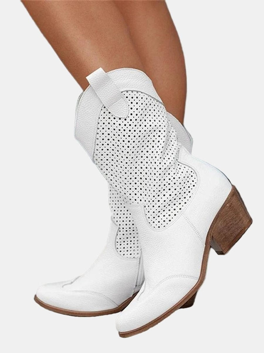 Margaux | Bottes Western pour Femme Ajourées Talon Bloc Pointe Mollet - Blanc