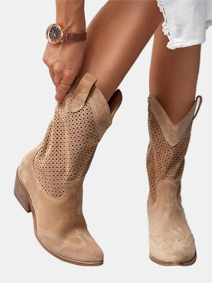 Margaux | Bottes Western pour Femme Ajourées Talon Bloc Pointe Mollet - Marron