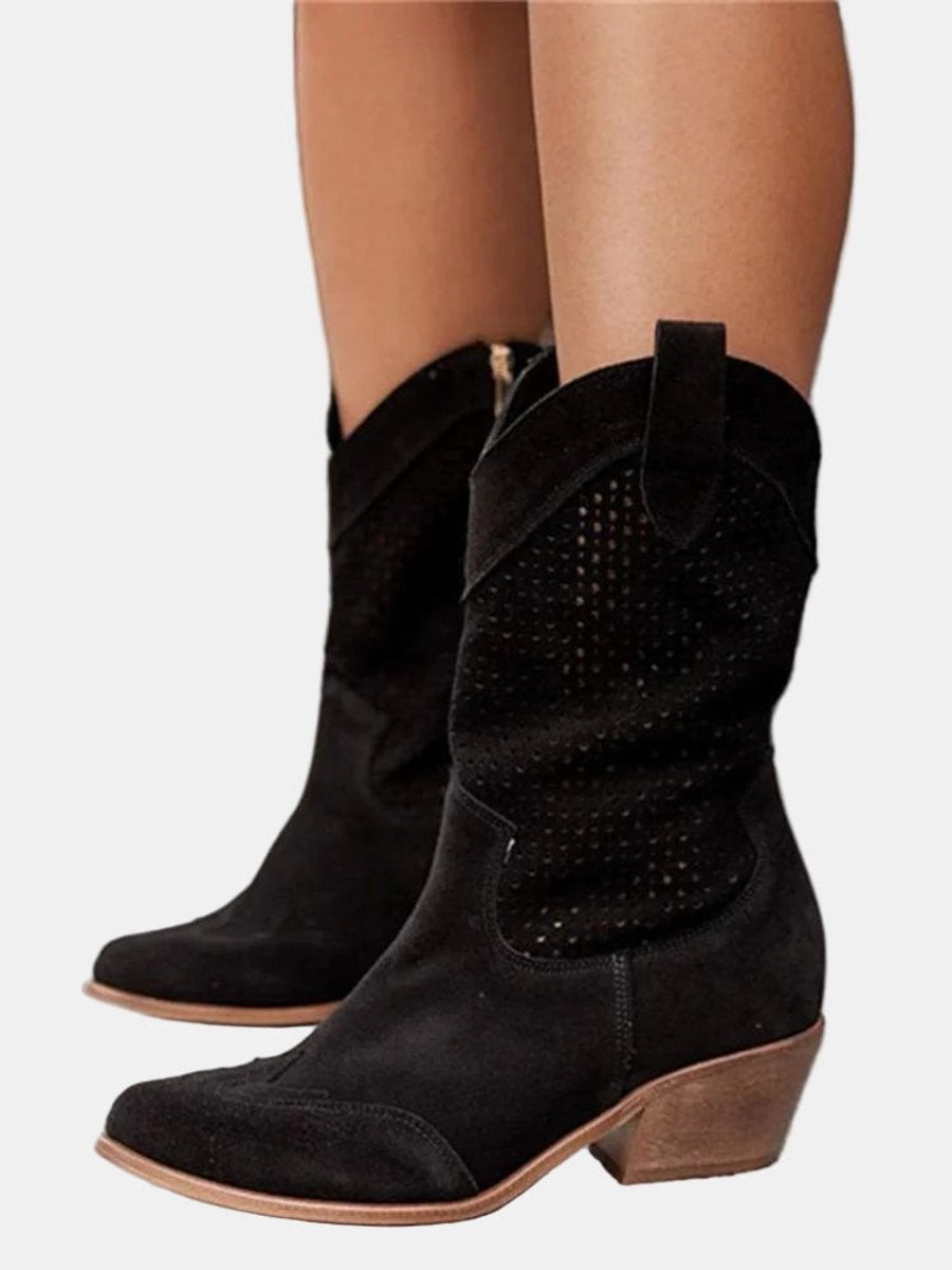 Margaux | Bottes Western pour Femme Ajourées Talon Bloc Pointe Mollet - Noir