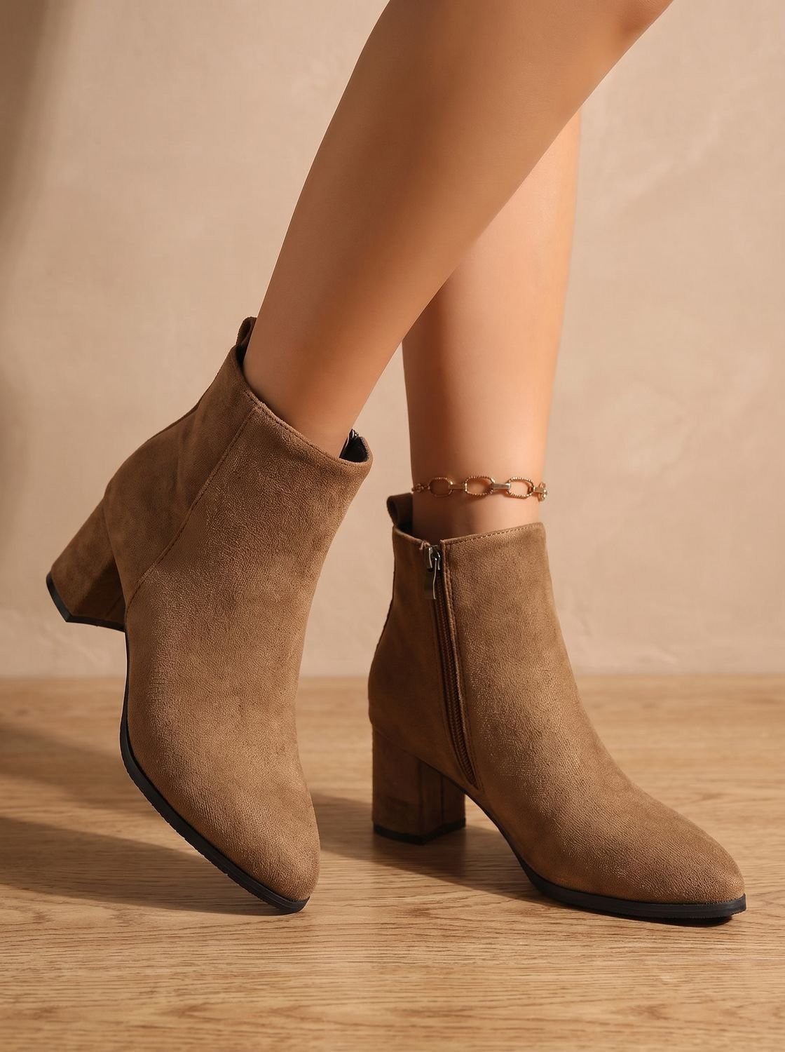 Margaux | Bottines pour Femme Daim Talon Bloc Fermeture Éclair Latérale - Marron