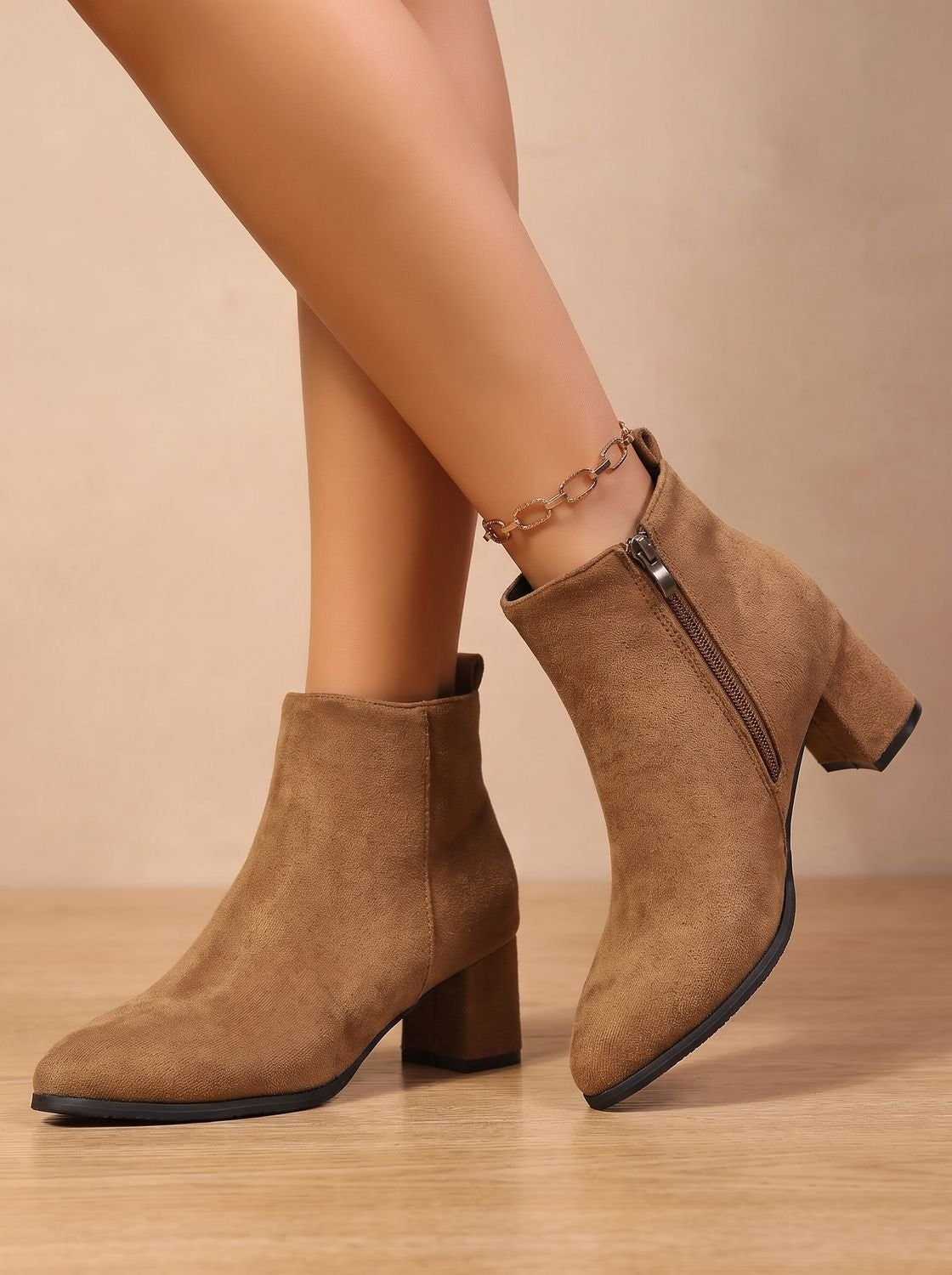 Margaux | Bottines pour Femme Daim Talon Bloc Fermeture Éclair Latérale - Marron