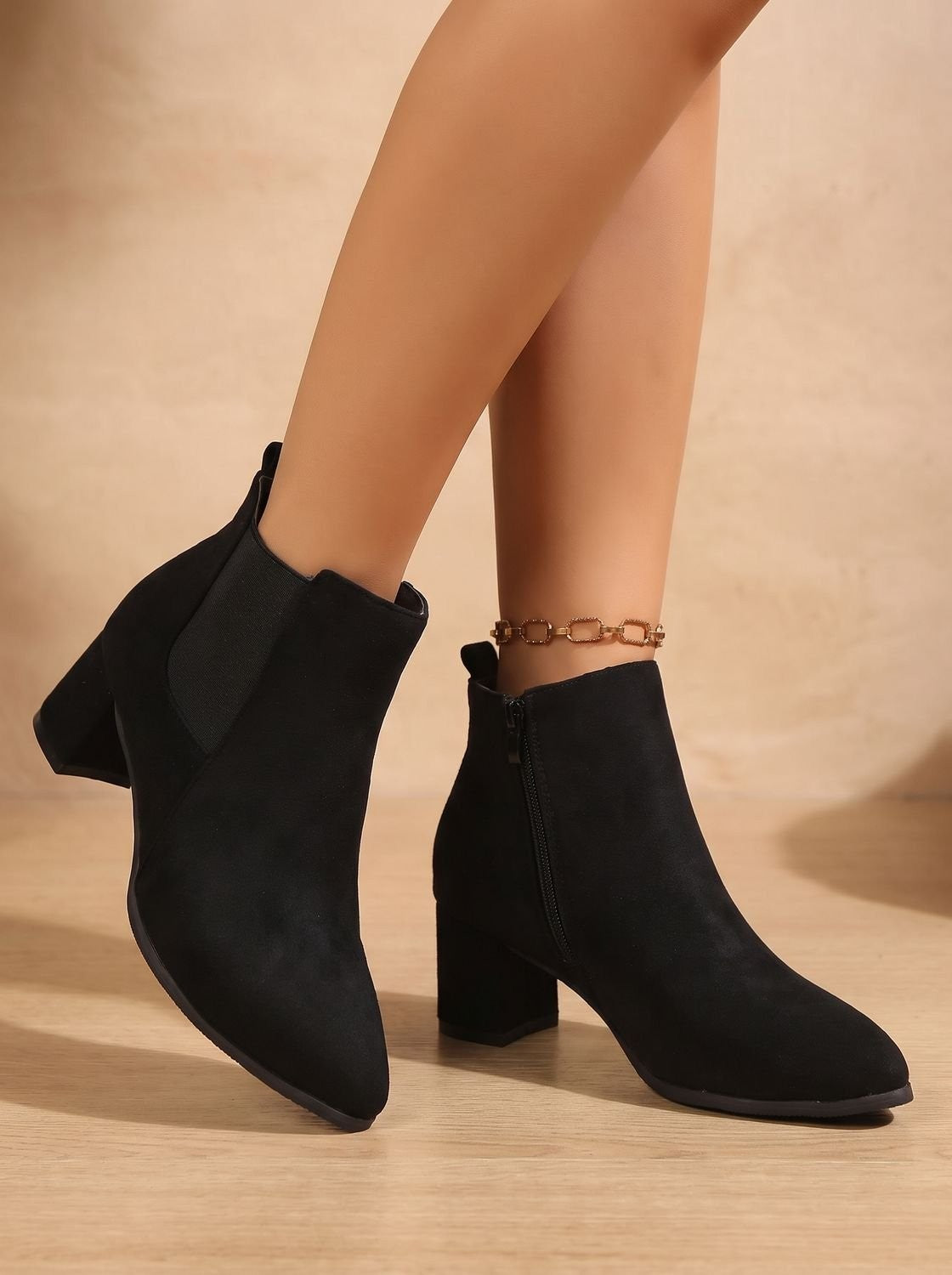 Margaux | Bottines pour Femme Daim Talon Bloc Fermeture Éclair Latérale - Noir