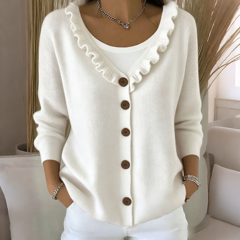 Margaux | Cardigan pour Femme Coupe Décontractée Col Volanté Boutonné - Blanc