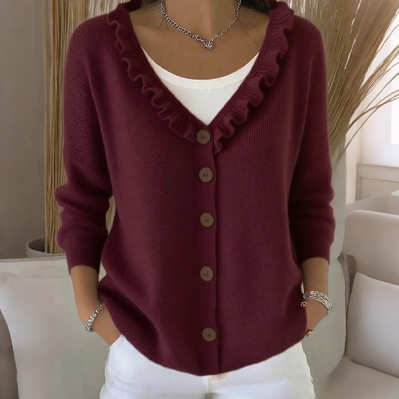 Margaux | Cardigan pour Femme Coupe Décontractée Col Volanté Boutonné - Bordeaux
