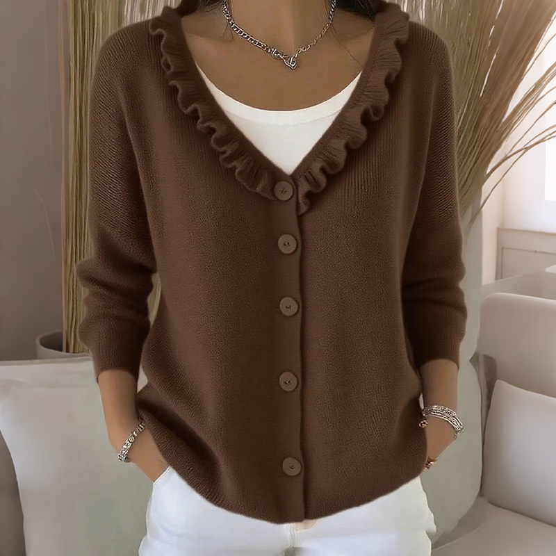 Margaux | Cardigan pour Femme Coupe Décontractée Col Volanté Boutonné - Marron Foncé
